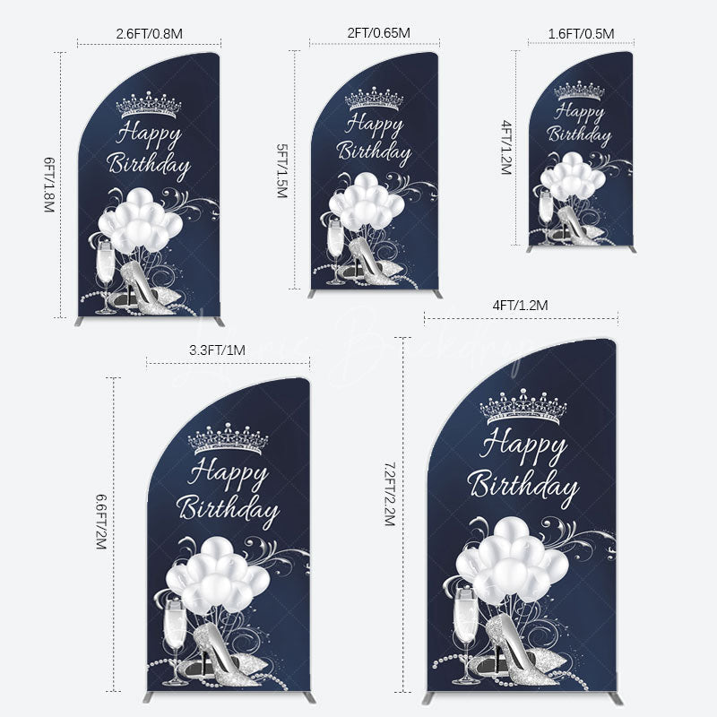 Lofaris Navy Blue Silver Crown Happy Birthday Half Moon Arch Backdrop