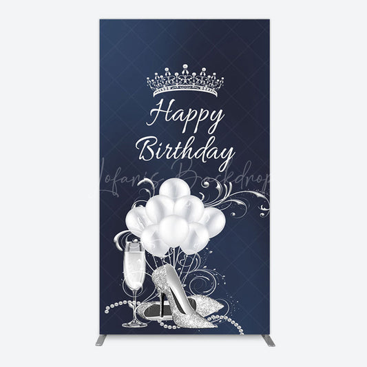 Lofaris Navy Blue Silver Crown Happy Birthday Rectangle Backdrop