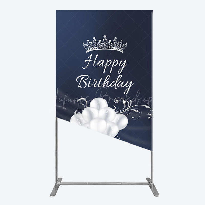 Lofaris Navy Blue Silver Crown Happy Birthday Rectangle Backdrop