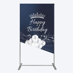 Lofaris Navy Blue Silver Crown Happy Birthday Rectangle Backdrop