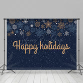 Lofaris Navy Blue Snowflake Gold Happy Holidays Backdrop