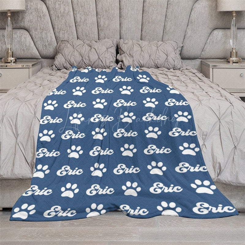 Lofaris Navy Blue White Paw Print Custom Name Pet Blanket