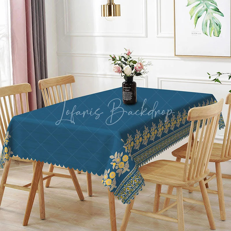 Lofaris Navy Blue Yellow Floral Border Rectangle Tablecloth Elegant Dark Background Royal Dining Table Cover Decoration