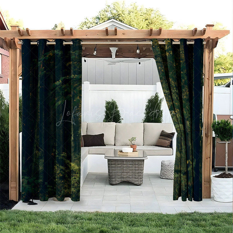 Lofaris Navy Green Leaves Waterproof Printed Outdoor Curtains
