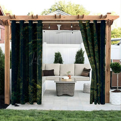 Lofaris Navy Green Leaves Waterproof Printed Outdoor Curtains