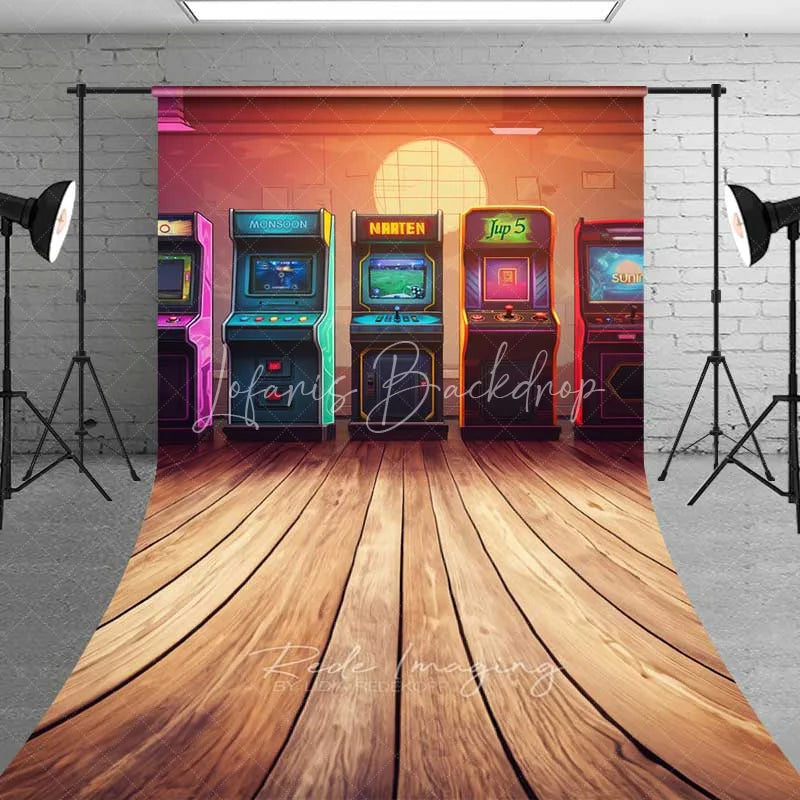 Lofaris Neon Arcade Game Room Sweep Photography Backdrop Retro 80s Video Gaming Machine Wood Floor Photo Prop