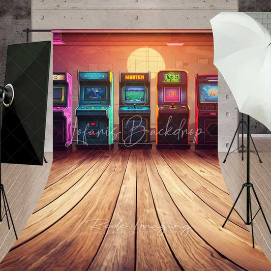 Lofaris Neon Arcade Game Room Sweep Photography Backdrop Retro 80s Video Gaming Machine Wood Floor Photo Prop
