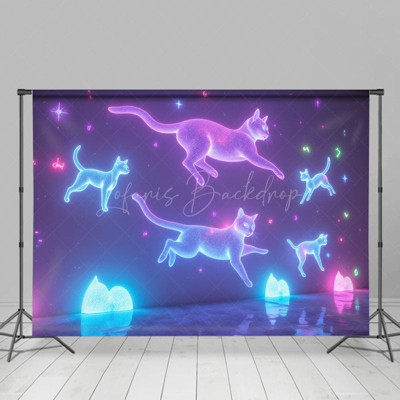 Lofaris Neon Cats Wall Wooden Floor Photo Combo Set Backdrop