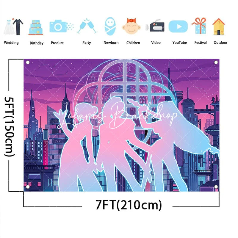 Lofaris Neon Cyberpunk City Backdrop Pop Star Girls Futuristic Skyline Purple Pink Blue Music Party Decoration