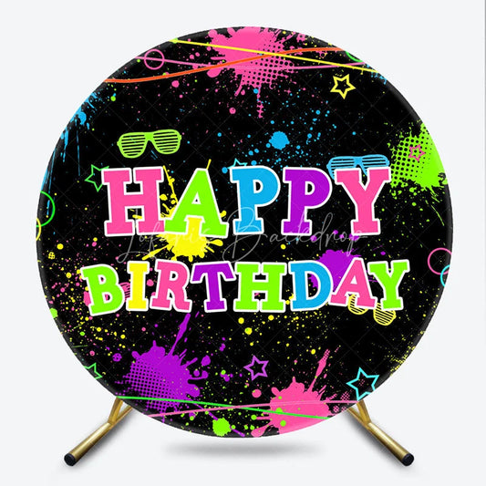 Lofaris Neon Glow Party Happy Birthday Round Backdrop 80s 90s Colorful Paint Splatter Blacklight Themed Photo Booth