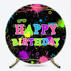 Lofaris Neon Glow Party Happy Birthday Round Backdrop 80s 90s Colorful Paint Splatter Blacklight Themed Photo Booth