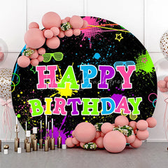 Lofaris Neon Glow Party Happy Birthday Round Backdrop 80s 90s Colorful Paint Splatter Blacklight Themed Photo Booth