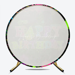 Lofaris Neon Glow Party Happy Birthday Round Backdrop 80s 90s Colorful Paint Splatter Blacklight Themed Photo Booth