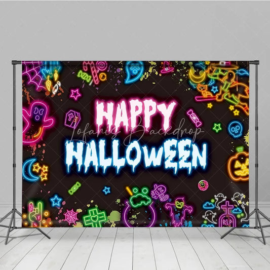 Lofaris Neon Happy Halloween Backdrop for Glow in the Dark Party 80s Retro with Skulls Ghosts and Pumpkins Decor