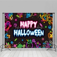 Lofaris Neon Happy Halloween Backdrop for Glow in the Dark Party 80s Retro with Skulls Ghosts and Pumpkins Decor