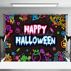 Lofaris Neon Happy Halloween Backdrop for Glow in the Dark Party 80s Retro with Skulls Ghosts and Pumpkins Decor