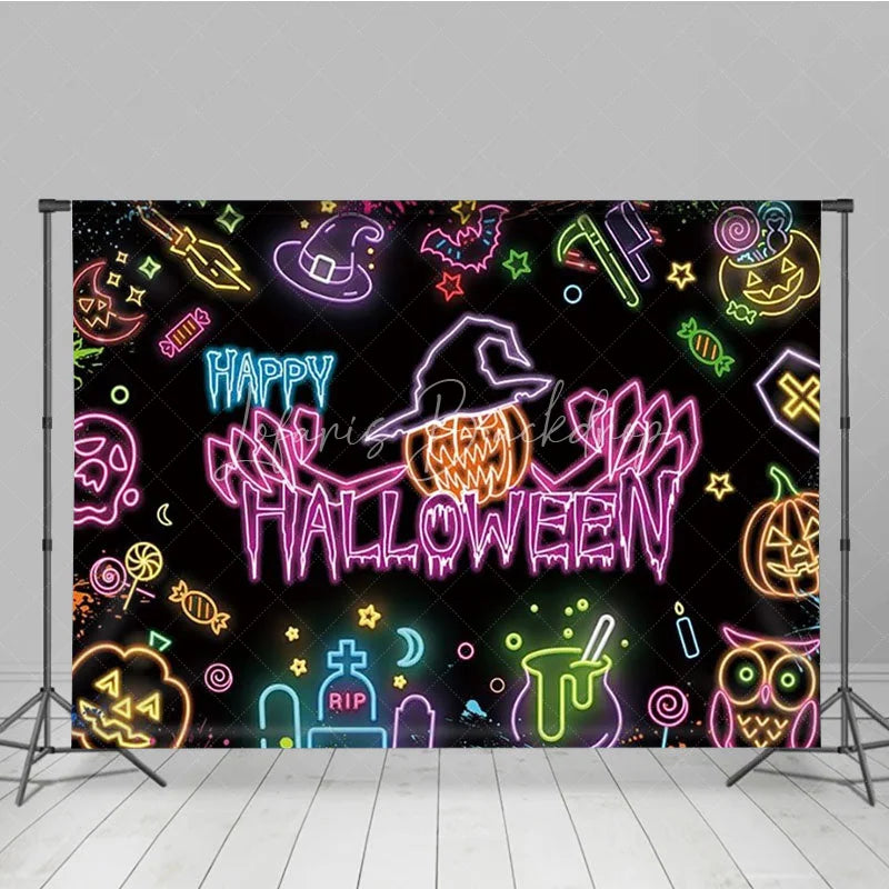 Lofaris Neon Happy Halloween Backdrop for Glow in the Dark Party Blacklight with Witch Hat Pumpkin and Ghost Decor