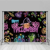 Lofaris Neon Happy Halloween Backdrop for Glow in the Dark Party Blacklight with Witch Hat Pumpkin and Ghost Decor