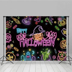 Lofaris Neon Happy Halloween Backdrop for Glow in the Dark Party Blacklight with Witch Hat Pumpkin and Ghost Decor