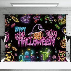 Lofaris Neon Happy Halloween Backdrop for Glow in the Dark Party Blacklight with Witch Hat Pumpkin and Ghost Decor