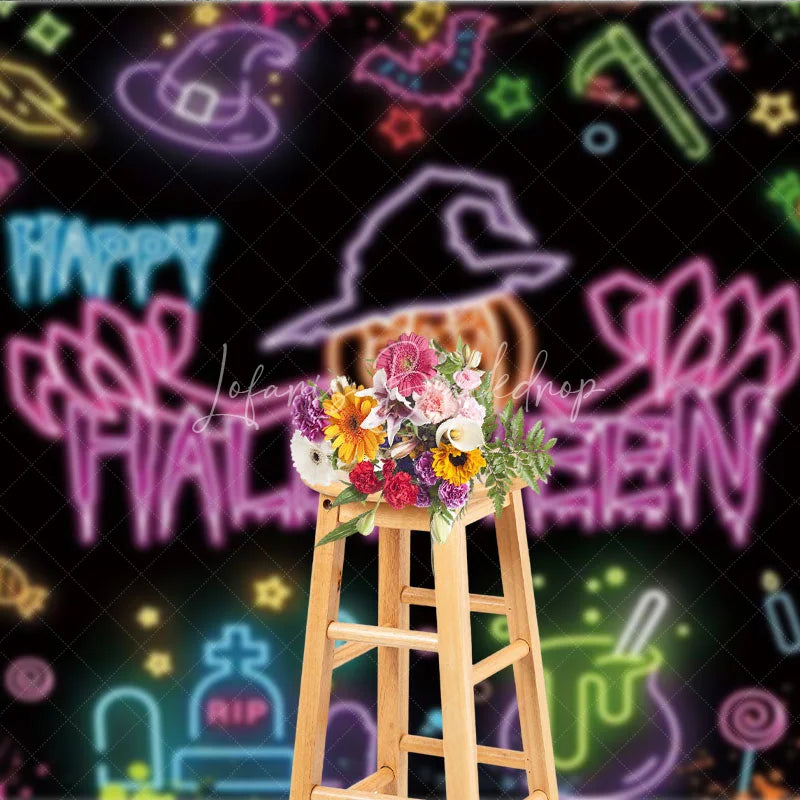 Lofaris Neon Happy Halloween Backdrop for Glow in the Dark Party Blacklight with Witch Hat Pumpkin and Ghost Decor