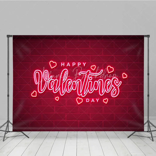Lofaris Neon Happy Valentines Day Backdrop Red Brick Wall Glowing Hearts Background Romantic Love Photography Party Decoration