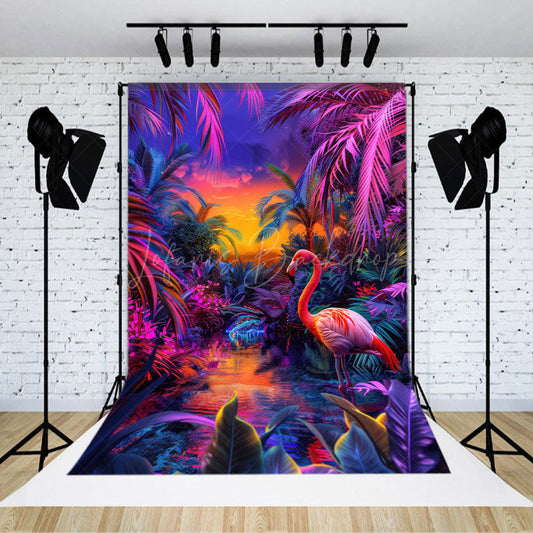 Lofaris Neon Hawaii Sunset Flamingo Summer Vibe Backdrop