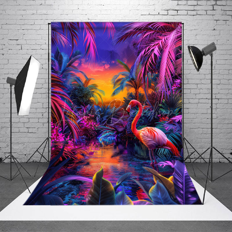 Lofaris Neon Hawaii Sunset Flamingo Summer Vibe Backdrop