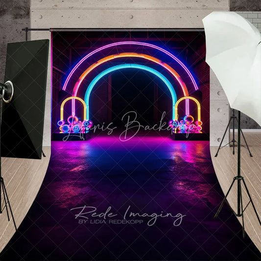 Lofaris Neon Rainbow Arch Sweep Backdrop Disco Ball Light Tunnel Background 80s Retro Glow Party Decoration Photo Booth