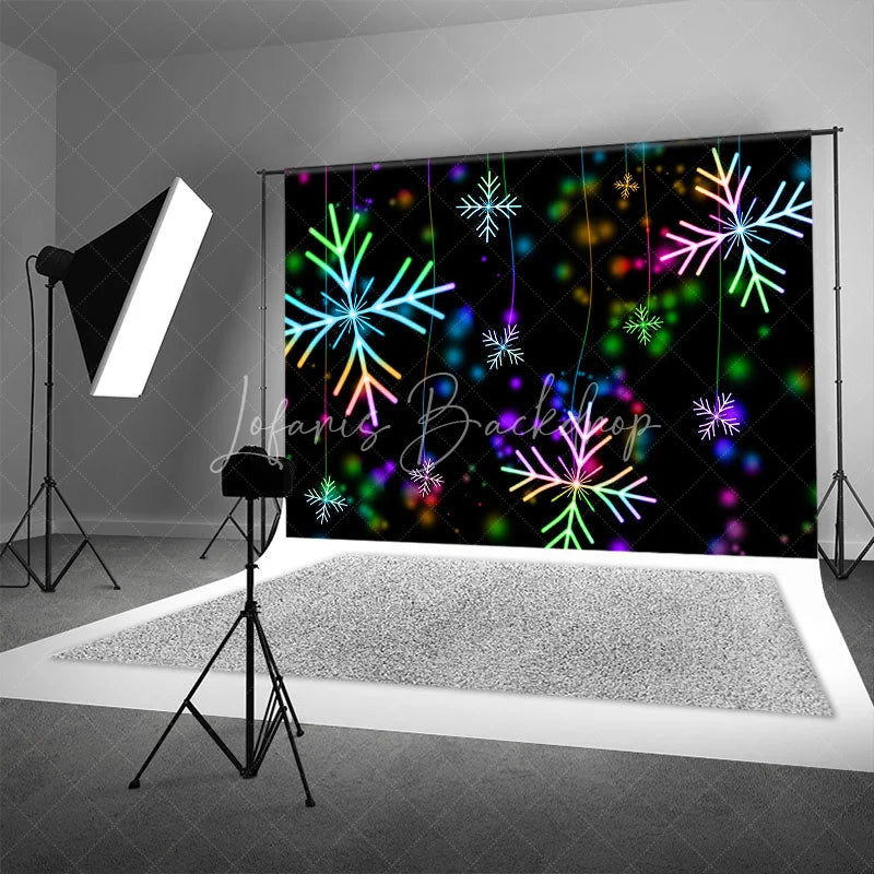 Lofaris Neon Snowflake Christmas Backdrop Glowing Rainbow Lights Black Background Winter Holiday Party Decor