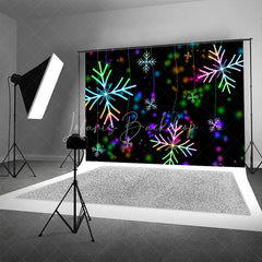Lofaris Neon Snowflake Christmas Backdrop Glowing Rainbow Lights Black Background Winter Holiday Party Decor