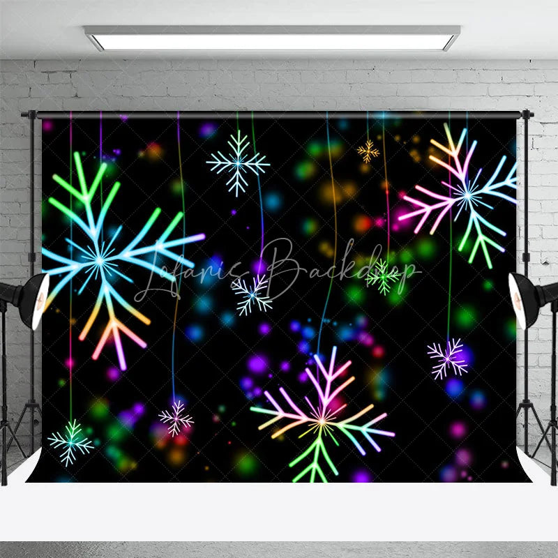 Lofaris Neon Snowflake Christmas Backdrop Glowing Rainbow Lights Black Background Winter Holiday Party Decor