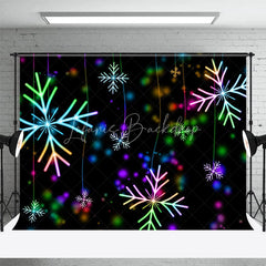 Lofaris Neon Snowflake Christmas Backdrop Glowing Rainbow Lights Black Background Winter Holiday Party Decor