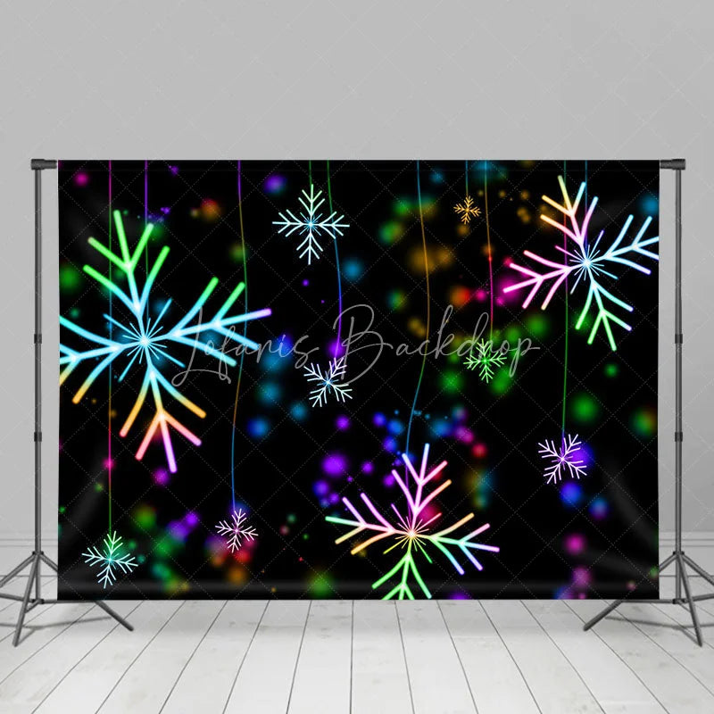 Lofaris Neon Snowflake Christmas Backdrop Glowing Rainbow Lights Black Background Winter Holiday Party Decor