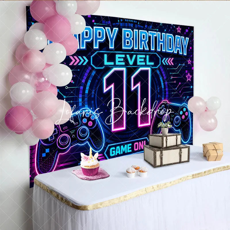 Lofaris Neon Video Game Level 11 Happy Birthday Backdrop Glowing Gamer Controller Theme Party Decoration Banner