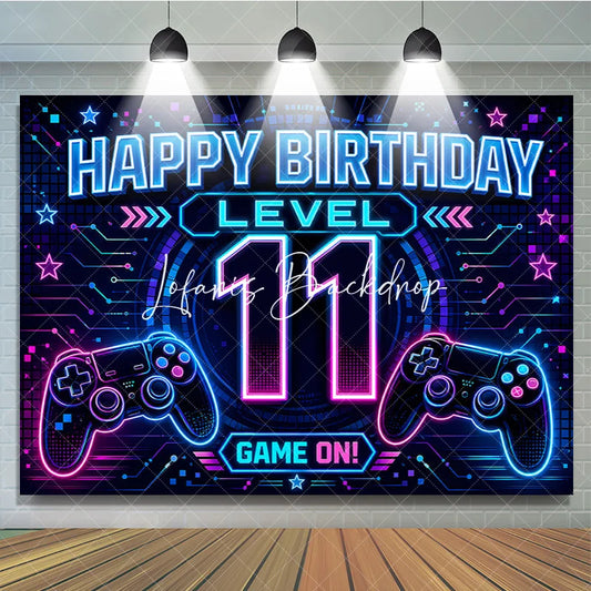 Lofaris Neon Video Game Level 11 Happy Birthday Backdrop Glowing Gamer Controller Theme Party Decoration Banner