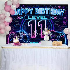 Lofaris Neon Video Game Level 11 Happy Birthday Backdrop Glowing Gamer Controller Theme Party Decoration Banner