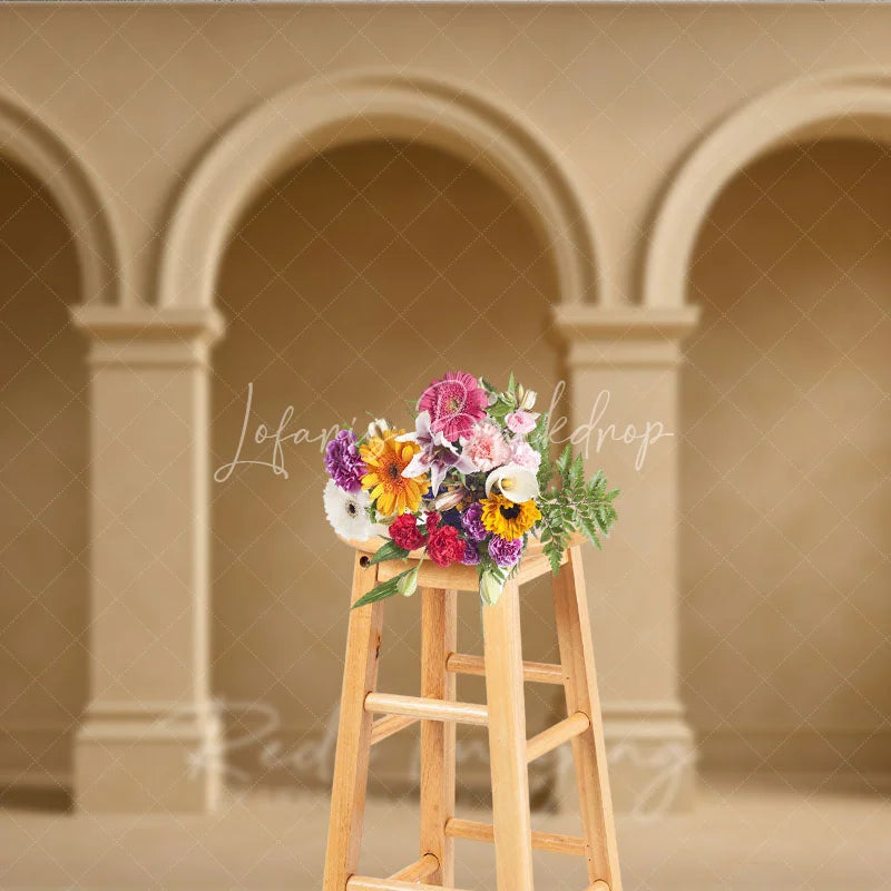 Lofaris Neutral Beige Textured Wall Photography Backdrop with Classical Arches and Columns Elegant Architectural Design