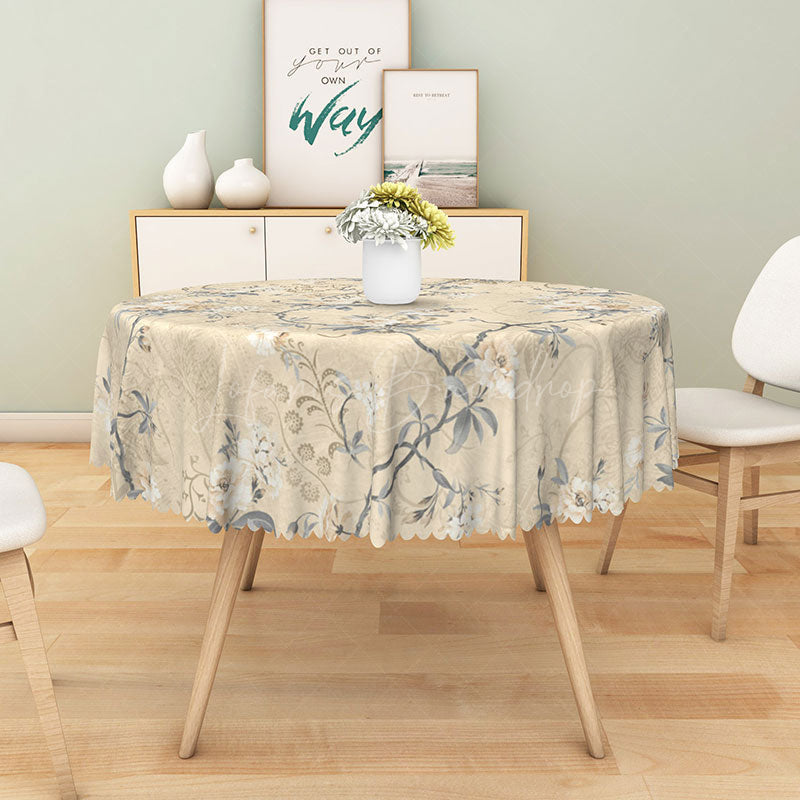 Lofaris Neutral Floral Round Tablecloth in Beige White and Gray for Modern Farmhouse Elegant Decor