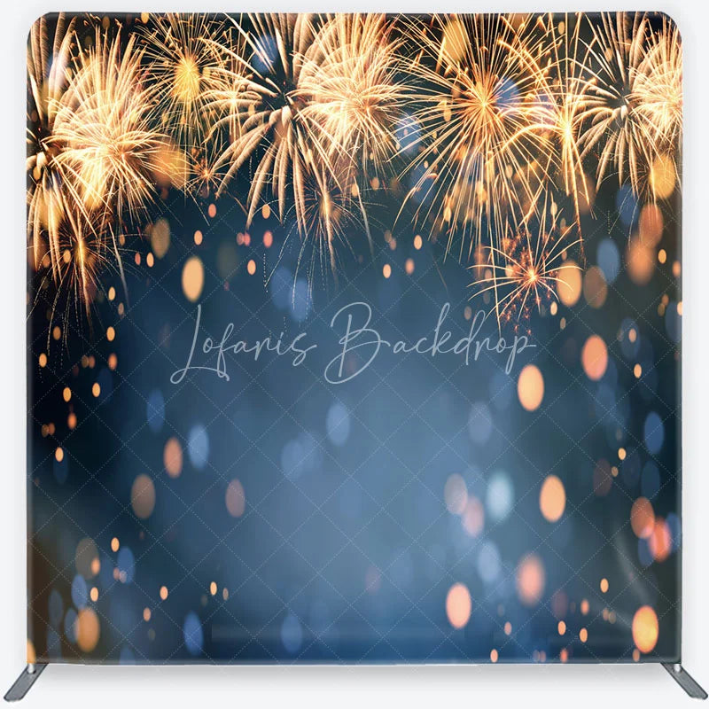 Lofaris New Year Celebration Tension Fabric Backdrop Golden Festive Sparks Blue Bokeh Holiday Party Photography Background