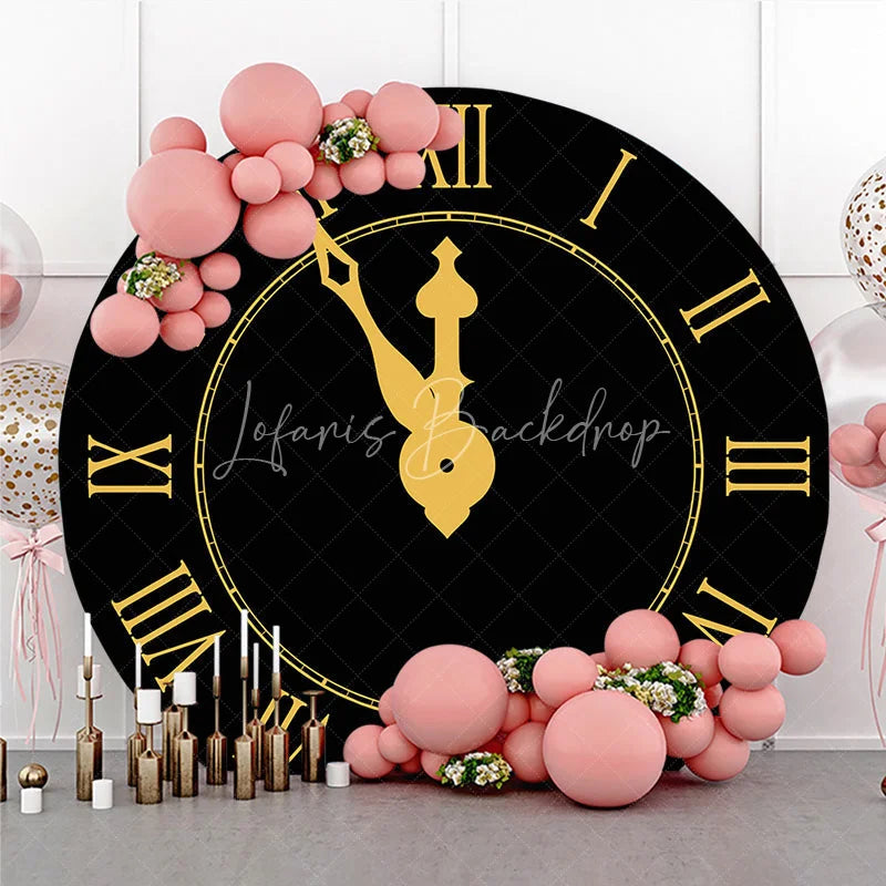 Lofaris New Year Eve Countdown Clock Round Backdrop Black Gold Midnight Party Decor