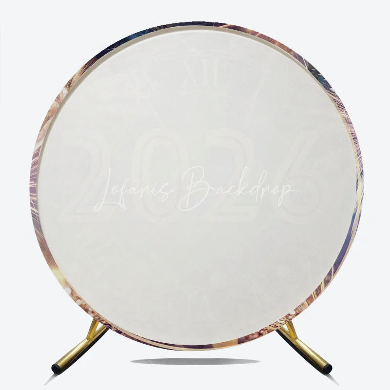 Lofaris New Year’s Eve 2026 Countdown Clock Round Backdrop Gold Fireworks and Glitter Elegant Midnight Party Decor