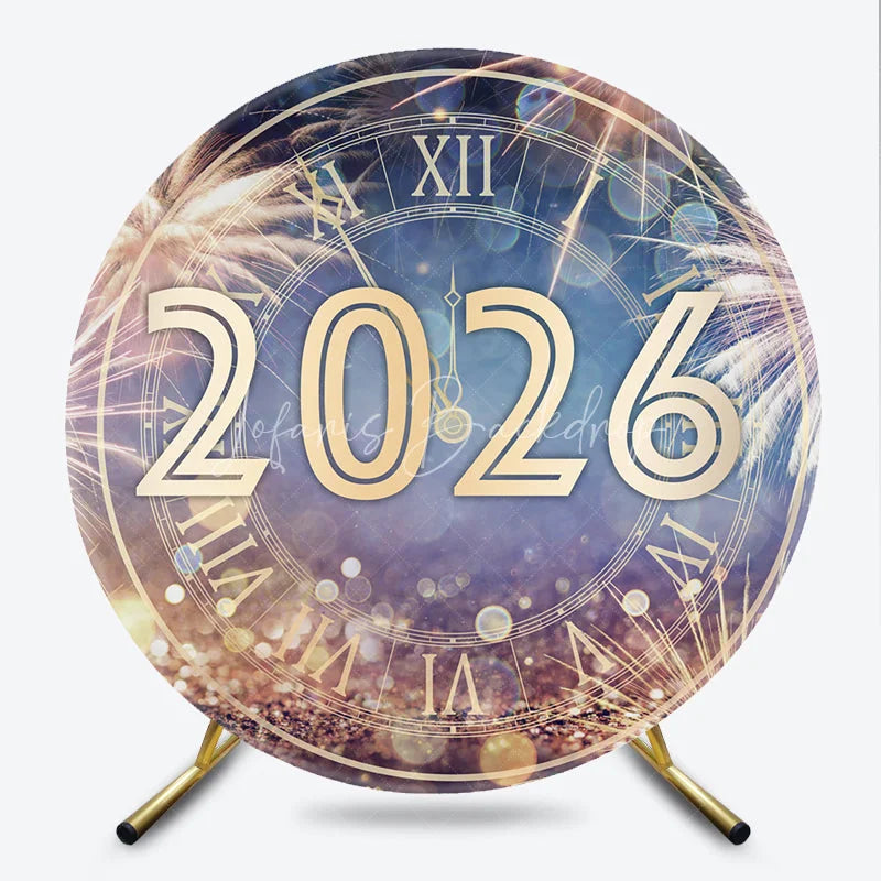 Lofaris New Year’s Eve 2026 Countdown Clock Round Backdrop Gold Fireworks and Glitter Elegant Midnight Party Decor