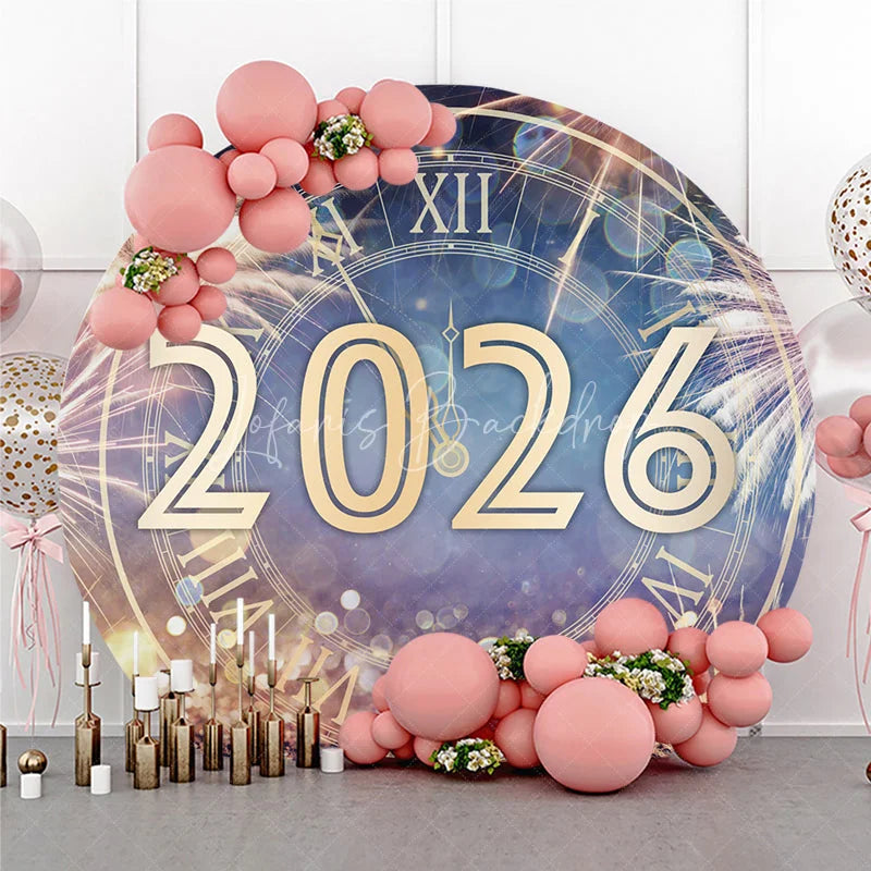 Lofaris New Year’s Eve 2026 Countdown Clock Round Backdrop Gold Fireworks and Glitter Elegant Midnight Party Decor
