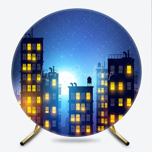Lofaris Night City Skyline Round Backdrop with Starry Sky and Full Moon Glowing Windows Urban Scene Decor