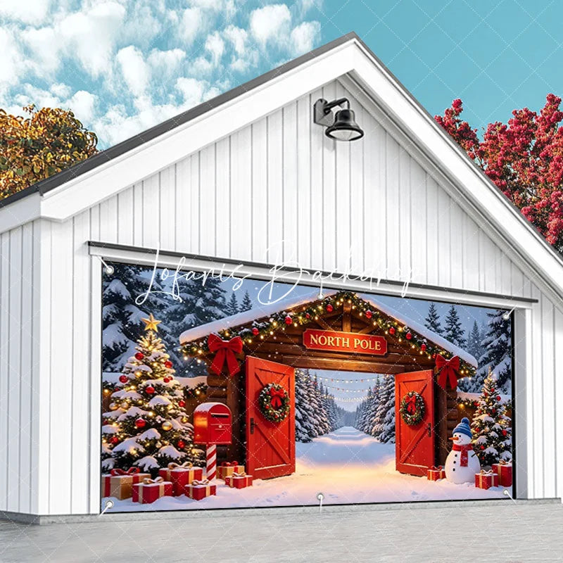 Lofaris North Pole Christmas Snowy Archway Garage Door Banner Festive Winter Wonderland Holiday Decor with Snowman and Gifts