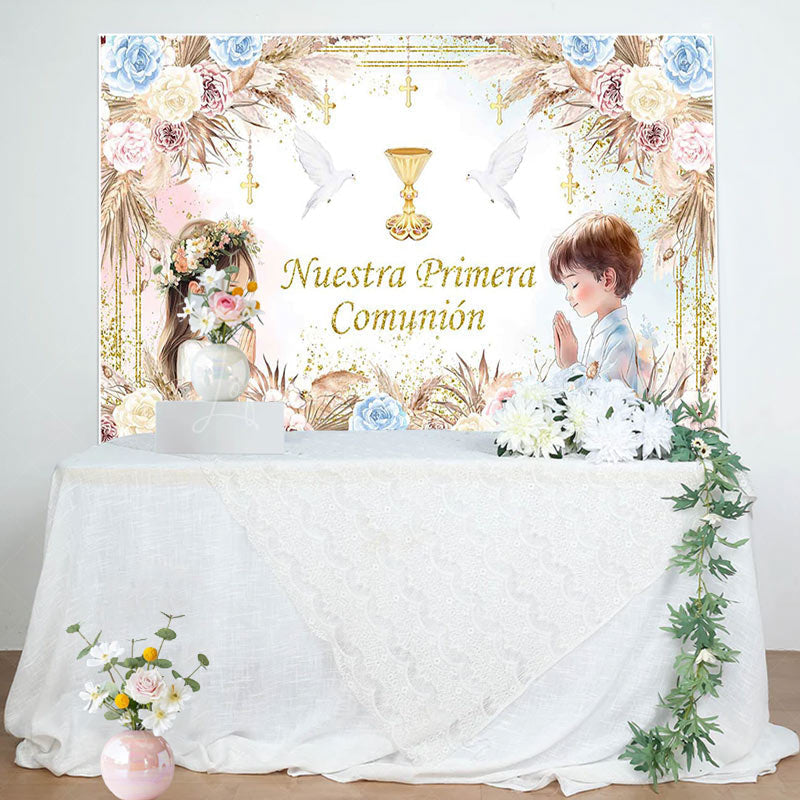 Lofaris Nuestra Primera Comunion Boho Floral Baptism Backdrop