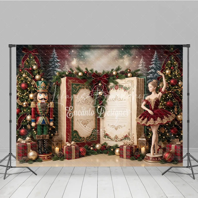 Lofaris Nutcracker Ballerina Christmas Holiday Backdrop with Decorated Trees Festive Gifts and Open Storybook