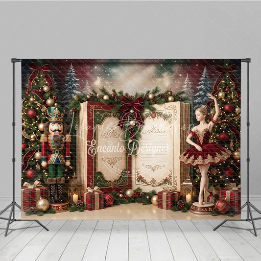 Lofaris Nutcracker Ballerina Christmas Holiday Backdrop with Decorated Trees Festive Gifts and Open Storybook