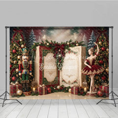 Lofaris Nutcracker Ballerina Christmas Holiday Backdrop with Decorated Trees Festive Gifts and Open Storybook